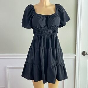 Coco Love Mini Dress Sz S Women Puff Sleeve Smocked Tiered Black Cottagecore